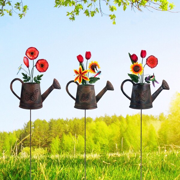 Multicolored Metal 36 In. H Watering Can With Flowers Outdoor Garden Stake